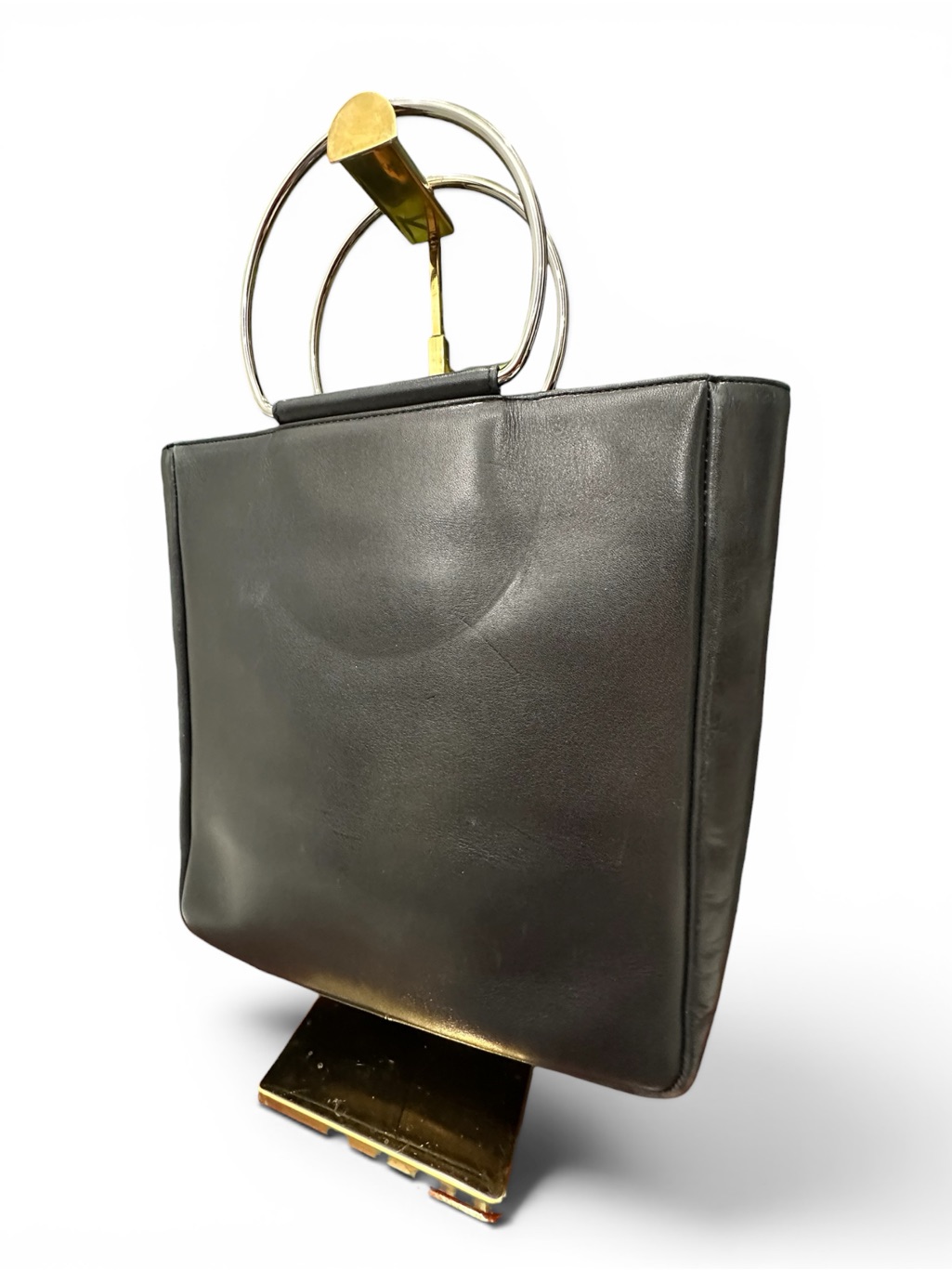 Agnes B. Voyage Black Leather Tote Bag Silver Ring Handles Vintage Minimalist